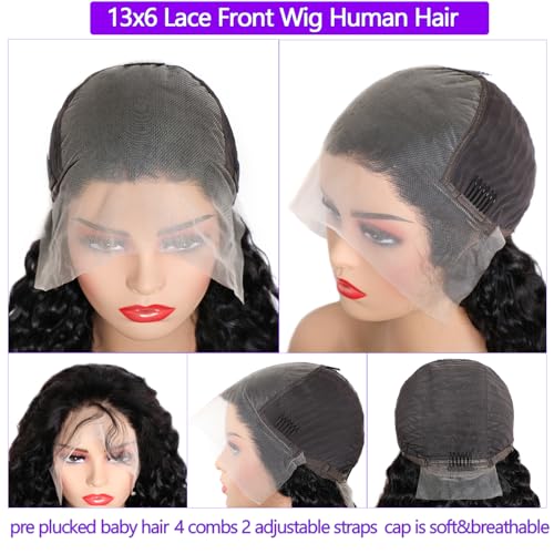 Lemoda 13x6 Water Wave Lace Front Wigs Human Hair 20 inch HD Lace Brazilian 15A Deep Wave Frontal Wigs 180% Density 13x6 Curly Human Hair Wig with Baby Hair Glueless Water Wave Wig For Black Women
