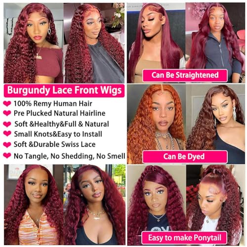 99J Burgundy Deep Wave Lace Front Wigs Human Hair Pre Plucked 13x4 HD Lace Front Wigs for Black Women 24 Inch Red Colored Deep Curly Wet and Wavy Glueless Human Hair Wig