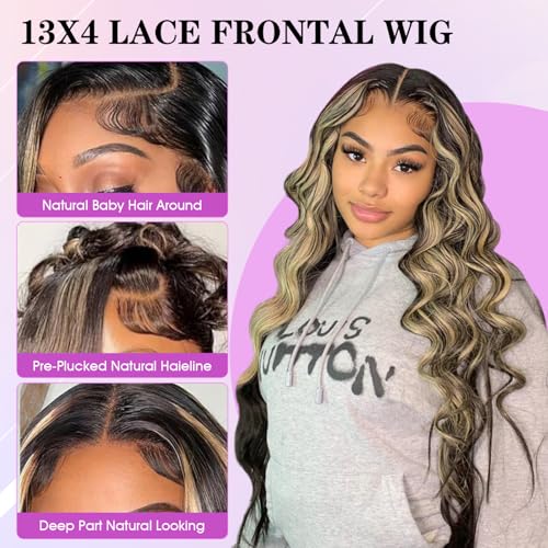 Ombre Lace Front Wig Human Hair Pre Plucked 1B/27 Highlight Lace Front Wig Human Hair with Baby Hair 180 Density 13x4 Body Wave Colored Lace Front Wigs Glueless Wigs 24 Inch