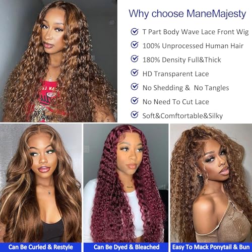 Ombre Deep Wave Lace Front Wigs Wear and Go Glueless Wigs Human Hair Pre Plucked Pre Cut Wet and Wavy Lace Front Wigs 180% Density T Part Honey Blonde and Brown Mixed Wig(FS4/27,16inch)