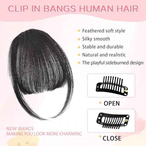 Clip in Bangs 100% Real Human Hair, Wispy Bangs Hair Clip, Fake Bang Fringe with Temples Hairpieces for Women Daily Wear (Natural Black, Wispy Bangs)