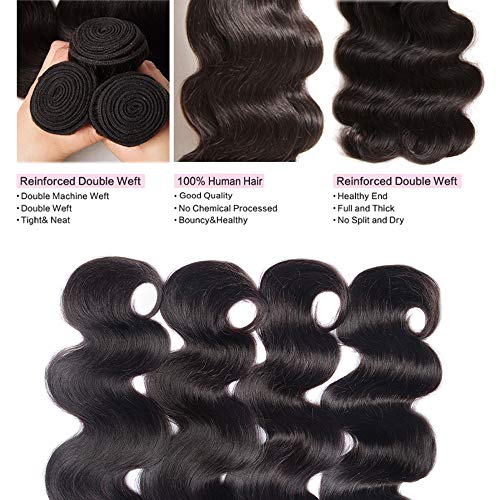 Body Wave 3 Bundles with Closure 100% Unprocessed Brazilian Body Wave Human Hair Weave with 4x4 Free Part Lace Closure Natural Color (14 16 18+12,Bundles with Closure)