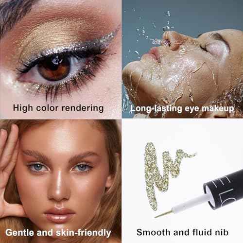 Glitter Liquid Eyeliner, 5 Colors Eyeliner Colorful Set, Shimmer Metallic Silver White, Gold Sparkling Eye Liner, Long Lasting Flare Eye Liner Liquid, Diamond Eye Makeup Set