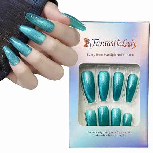 Magnetic Glue On Nails,Long,Christmas,Coffin Agate Green Cat Eye Impress,Salon Quality,Lasting,Reusable, Glossy Fall Nails Kit Acrylic Set for Women