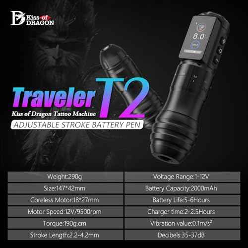 Kiss Of Dragon 'TRAVELER-T2' Cordless Tattoo Machine Adjustable Pen Strokes with 42mm Grip Pen Extra Professional 2000mAh Battery