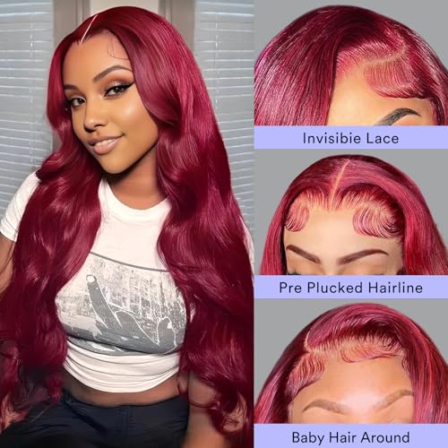 22 Inch 99j Burgundy Lace Front Wigs Human Hair 13x4 HD Red Burgundy Wig Human Hair 200% Body Wave Lace Front Wigs Pre Plucked Glueless Frontal Wigs for Women