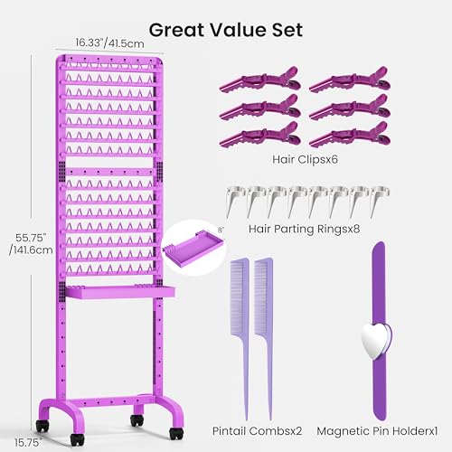 Braiding Hair Rack 280 Pegs with Tray and Braid Tools, Mobile Braid Rack with Wheels, Height Adjustable, Standing Braider Rack Stand Separator Hair Extension Holder Hanger for Salon Home