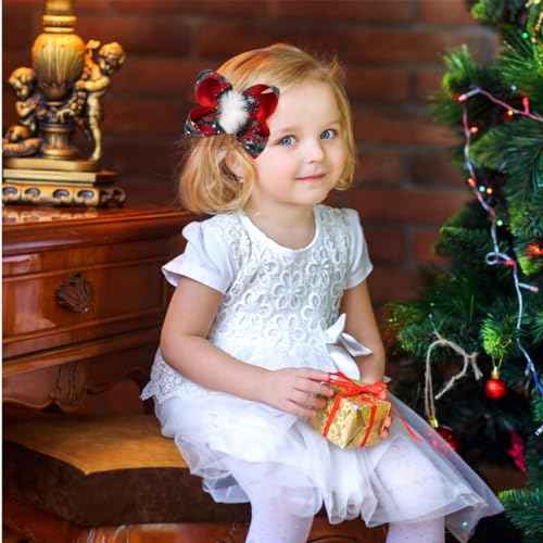 2PCS Christmas Hair Bows for Girls Large Bow Hair Barrette Clip Christmas Bow Clips for Toddler Baby Christmas Plaid Hair Bow Handmade Snowflakes Bowknot Hairpins Kids Hair Accessories(Style A)