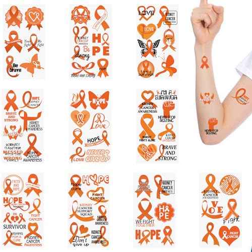 WANDIC 30 Sheets Orange Ribbon Temporary Tattoos, Leukemia Awareness Tattoo Sticker Lymphoma Kidney Cancer Awareness Stickers for Charity Eveny