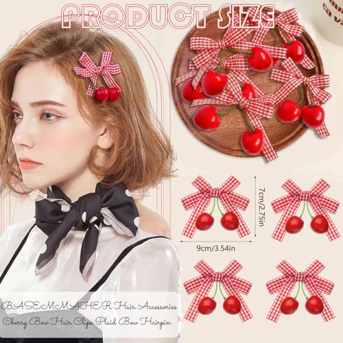 8 Pcs cherry Bow Hair Clips Hair Accessories Red White Bow Hairpin Alligator Hair Barrettes Plaid Bows Clips for Women Girls Christmas Party Hair Decoration