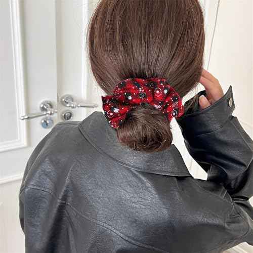Christmas Hair Scrunchies Snowflake Hair Bands Soft Elastic Scrunchy Ponytail Holder Hair Ties Red Green Snow Flake Plaid Design Hair Scrunchy for Women Girls Silk Hair Ropes Festival Party Supplies