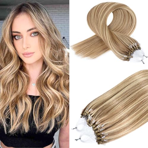 24 Inch Human Hair Extensions Micro Beads Hair Extensions Ombre Remy Human Hair Ash Brown with Bleach Blonde Micro Loop Human Extension #8/613 Microbeads Hair 50g 1g/s