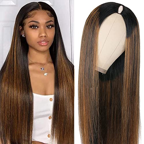 CHEETAHBEAUTY FB30 Ombre V Part Wig Human Hair 16Inch No Leave Out Upgrade Straight U Part Wig Highlight Blonde No Glue Brazilian Virgin Straight Human Hair Wigs for Women Colored Brown 180% Density