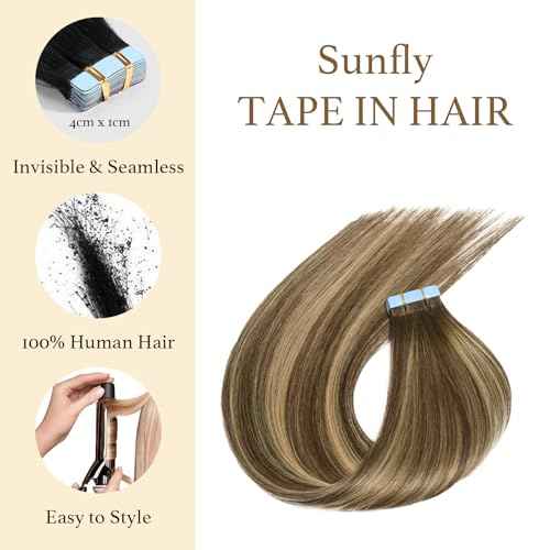 Sunfly Tape in Human Hair Extensions 22 Inch Balayage Chocolate Brown to Caramel Blonde 50g Human Hair Extensions Tape Ins 20pcs