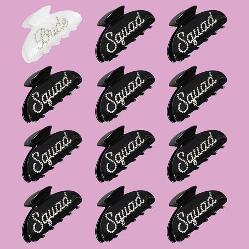 Funky Junque Bride Rhinestone Claw Clip | Bridal & Bridesmaid Hair Accessories for Bachelorette Party, Wedding Day, Gifts - 12 Pack - 1 Bride & 11 Squad
