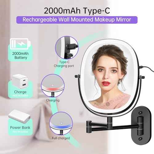 FUNTOUCH Rechargeable Wall Mounted Lighted Makeup Vanity Mirror, Double Sided 1X/7X Magnification, 3 Dimmable Light Settings, Extension Arm, Oval Frame, Ideal for Makeup