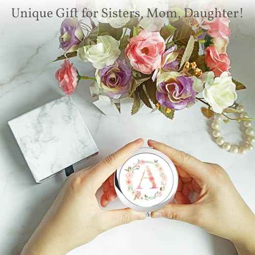 Personalized Gift Initial Compact Mirror w Box for Women Sister Daughter Mom Wife, Floral Monogram Alphabet Silver Small Mirror Ideal Gift on Birthday, Christmas, Graduation (A, Silver)