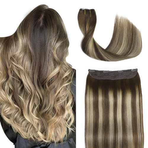 Sindra Wire Hair Extensions Real Human Hair 14Inch 70g Balayage Medium Brown Mix Caramel Blonde Fishing Line Extensions With Adjustable Clips Wire14#4/27/4