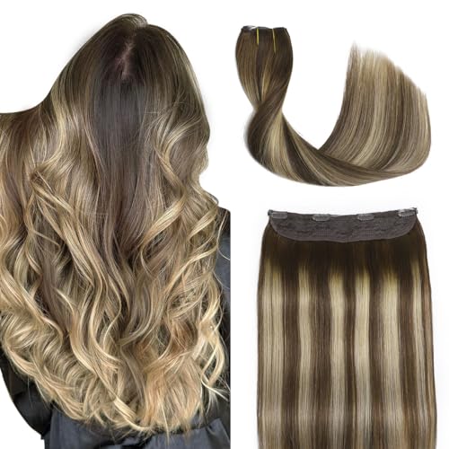 Sindra Wire Hair Extensions Real Human Hair 18Inch 85g Balayage Medium Brown Mix Caramel Blonde Fishing Line Extensions With Adjustable Clips Wire18#4/27/4