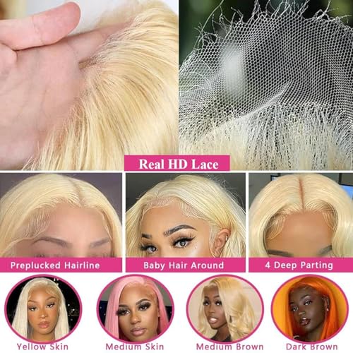20 Inch 613 13x6 Lace Front Wig Human Hair, Blonde Wig Human Hair 13x6 Body Wave, 200% Density Daily Wear Pre-Plucked Bleached Wigs for Women