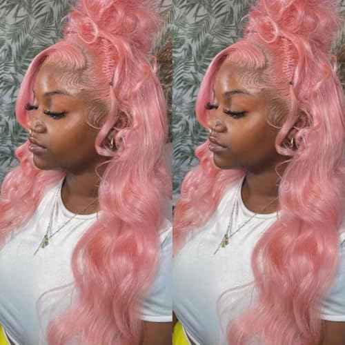 ANDRIA 13x4 HD Lace Front Wigs 28 Inches Pink Body Wave Long Glueless Lace Frontal Wigs Pre-plucked Hairline Synthetic Lace Front Wig With Baby Hair Heat Resistant Fiber Hair Wigs For Women