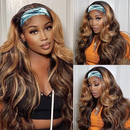 Ombre Headband Wig Human Hair Body Wave #4/27 Highlight 20 Inch Headband Wigs Human Hair Wigs for Black Women Brazilian Virgin Hair Wear and Go Glueless Wig None Lace Front Wigs 150% Density