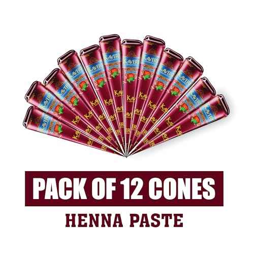 Kaveri Henna Cones 12 pack - Indian Henna Paste For Hair - Natural Dark Brown Red henna cones Organic - Temporary Henna Tattoo - Long Lasting Ready To use Tattoo Cones
