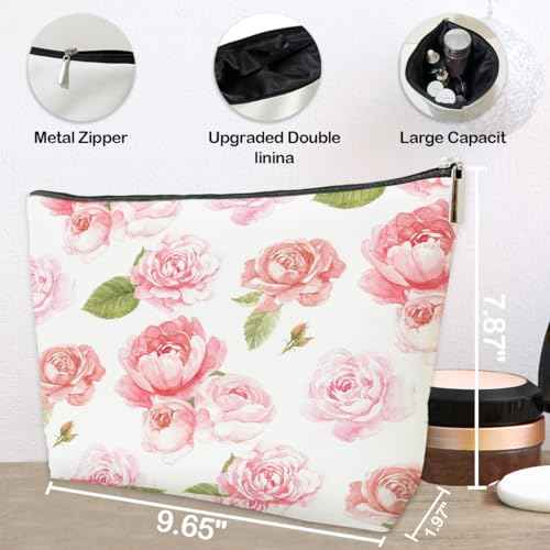 Floral Pink Makeup Bag Gift, Coquette Trendy Cute Zipper Travel Toiletry Cosmetic Bag, Preppy PU Leather Organizer for Women, Coquette Birthday Gifts for Sister, Teen, Daughter, Bff, Friend