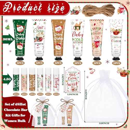 Demissle 48 Pcs Christmas Hot Cocoa Supplies Xmas Party Stuffers Christmas Stocking Favors Xmas Red Green Hand Cream and Lip Balm Gifts Set for Baby Shower Guests