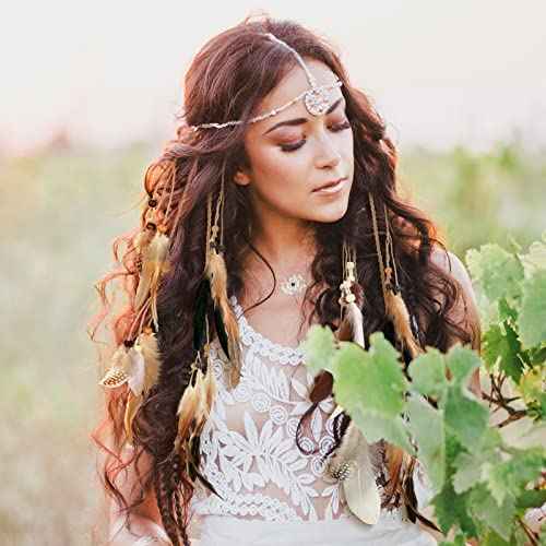 Geyoga 12 Pcs Feather Hair Clip Boho Hair Extensions with Feather Clip Comb Hippie DIY Accessories Hairpin Tribal Braided Beads Headdress for Women(Brown, Dark Brown,Stylish)