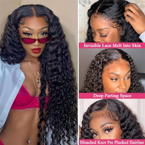 LICHANG Deep Wave Lace Front Wigs Human Hair 4x4 Transparent Lace Closure Wet and Wavy Wigs for Black Women Pre Plucked Human Hair Wig with 180% Density Nature Color 26 Inch