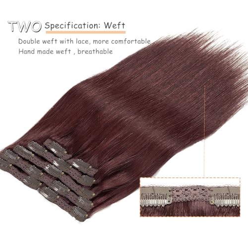 Caliee Hair Extenisons Clip in Human Hair Double Lace Weft Color Wine Red 7 Pcs 120 G Silky Straight Thick Remy Seamless Hair Extensions Clip in Human Hair 18 Inch