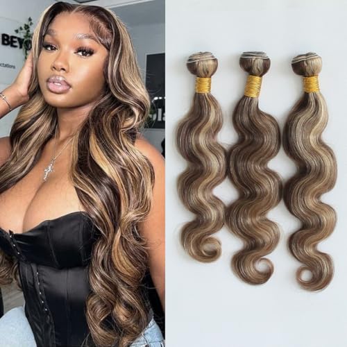 8A Machine Double Weft Raw Brazilian Virgin Human Hair Extensions Highlight P4/27 Brown Honey Blonde Body Wave 3 Bundles 10" 10" 10"