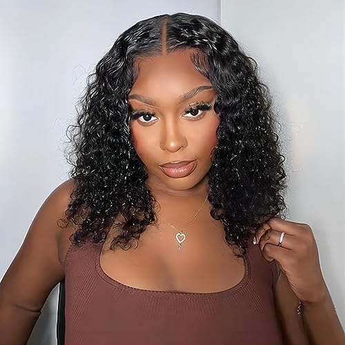 ISEE Wear and Go Glueless Wigs Bob Wigs Human Hair Pre Plucked Water Wave Lace Front Wigs Human Hair Upgraded No Glue Transparent Lace Closure Wigs Human Hair for Women Natural Black 10 Inch