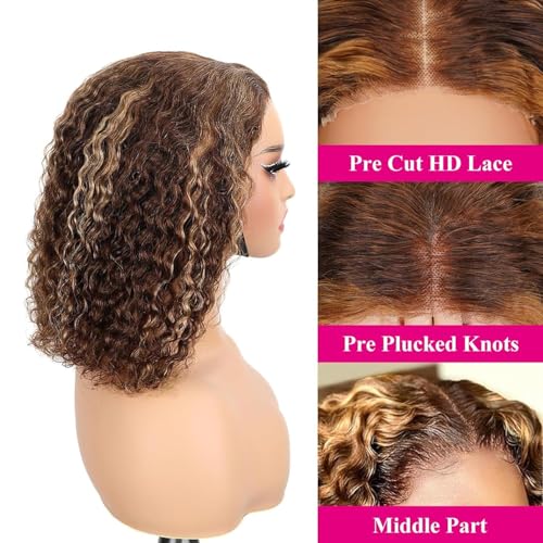 Ombre 4/27 Highlight Wear And Go Glueless Wigs Human Hair Pre Plucked Pre Cut 4/27 Honey Blonde Wig Human Hair Short Curly Bob Wig 180% Density Water Wave Lace Front Wigs For Black Women 14 Inch