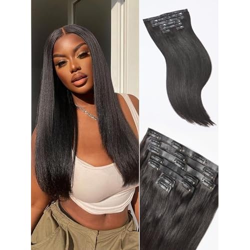LUVME Yaki Straight Seamless 110g 7Pcs Clip in Hair Extensions Full Max with 16inch Remy Human Hair Extensions, Natural Black 100% Real Soft Hair