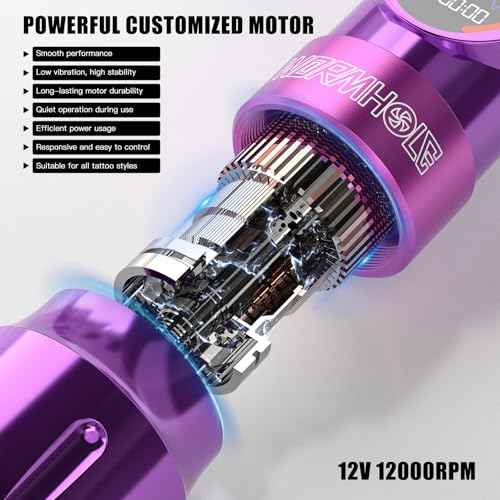 Wormhole Tattoo Gun Kit Wireless Tattoo Kit Tattoo Machine with Digital LED Display, 1,500 mAh Capacity Battery, Normal/Jump-Start/Dot Working Mode, 20Pcs Tattoo Needles Tattoo Pen Kit-Purple