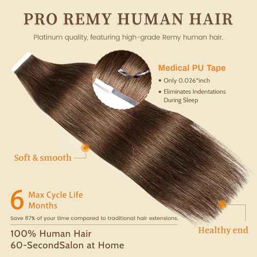 DNE Tape in Hair Extensions Real Human Hair 20 inches 20Pcs/50g/Pack Seamless #4 Medium Brown Dark Color Straight Invisible Double Sided Tape in Hair Extensions for Women/Girls (#4, 20 inch)