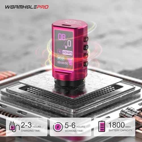 WORMHOLE PRO 80PCS Tattoo Gun Kit with 7 Adjustable Strokes, 1,800 mAh Capacity Replacement Power Supply, Digital LED Display, 20Pcs Tattoo Needles for Artists - Pink