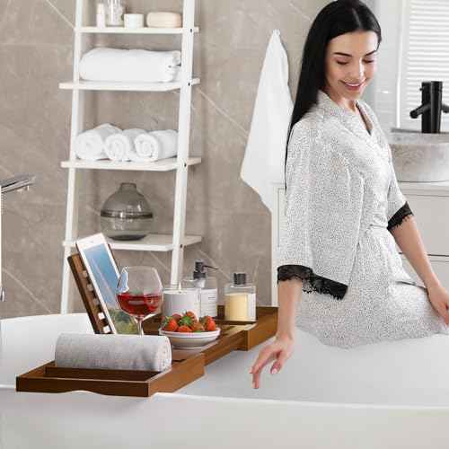 Wooden Bathtub Tray for Luxury Bathroom, Expandable Premium Teak Bath Tray, Adjustable Bath Accessories for Tub, as Unique Housewarming, Holiday, Birthday Gifts