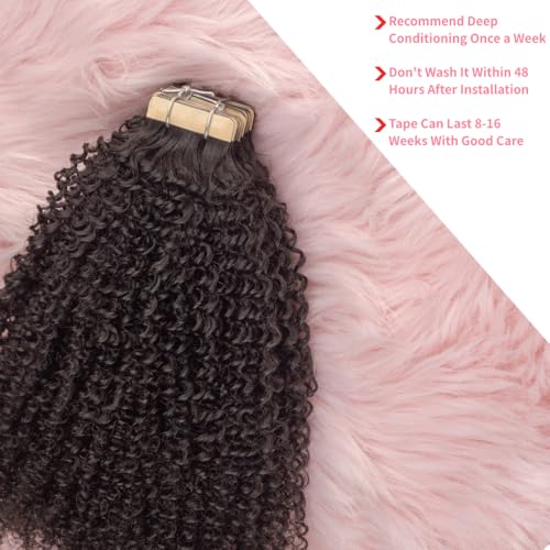 Invisible 4C Afro Kinky Curly Tape in Hair Extensions for Black Women Niawigs Black Color Real Human Hair Tape ins, 40PCS Double Sided PU Skin Weft 16 Inches