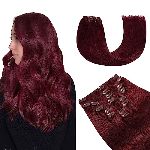 YILITE Clip in Hair Extensions 120g 8Pcs/Pack Burgundy Double Weft Silky Straight Remy Human Hair Thick Clip in Real Hair Extensions for Women£¨16inches #99J Burgundy£©