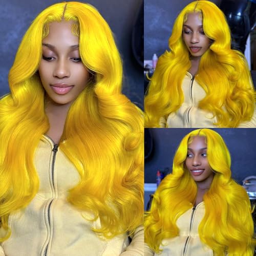 Yellow Wig Human Hair 13x4 Yellow Human Hair Wig 200 Density Body Wave Lace Front Wig Human Hair Colored Lace Front Wigs Pre Plucked HD Frontal Wigs 22 Inch