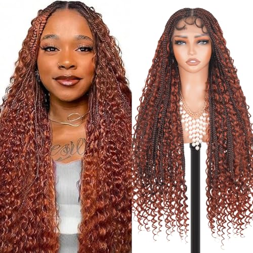 Knotless Boho Braided Wigs for Black Women Full Double Lace Human Hair Blended Synthetic Box Braids Wig with Bohemia Curly Ends (1B350, 28 Inch)