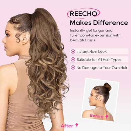 REECHO Ponytail Extension, 24" Claw Clip in Ponytail Extensions Long Curly Wavy Ponytail Hair Extension Jaw Clip on Pony Tails Hairpiece for Women - Medium Blonde with Blonde Highlights