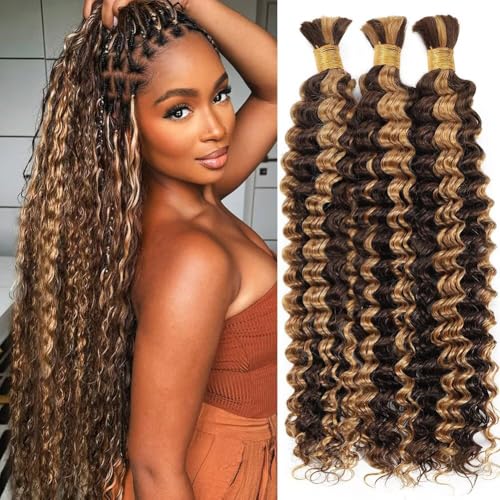 Human Braiding Hair for Boho Braids Ombre Highlight Curly Boho Hair for Braiding Knotless 12A Deep Wave Bulk Bohemian 3 Bundles/Pack Color P4/27 150g 20 Inch