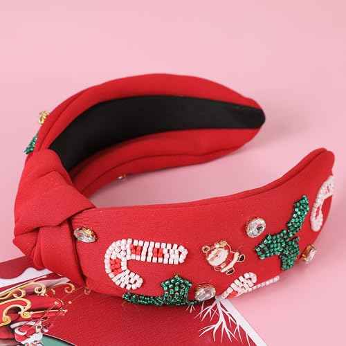 Christmas Jeweled Headbands for Women Girls Festive Christmas Hair Accessories Beaded Candy Cane Xmas Knotted Headband Embellished Wide Top Knot Hairband Holiday Gifts