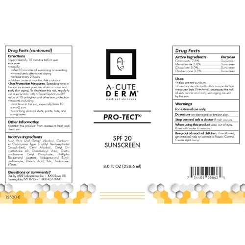 A-Cute Derm Pro-Tect SPF 20 Sunscreen Moisturize the Skin Protects Against Harmful Effects of UVA & UVB Rays Prevent Premature Aging and Wrinkling of the Skin (8.0 oz)