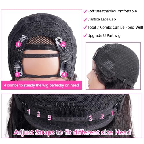U Part Wigs Human Hair for Black Women Deep Wave Human Hair Brazilian Hair Full Head Clip in Half Wig V Part Glueless Wigs Human Hair Pre Plucked U Shape Wigs (Natural Black, 16 inch)