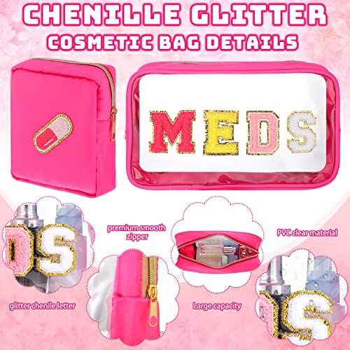 Hillban 2 Pcs Medicine Chenille Letter Bag Preppy Clear Nylon Portable Makeup Meds Cases for Travel PVC Transparent Mini First Aid Storage Bag Gift for Christmas Women(Lovely)
